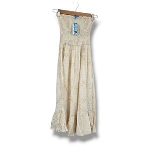 Soaked Womens Strapless Smocked Maxi Dress Cream‎ Gold Metallic Embroidered